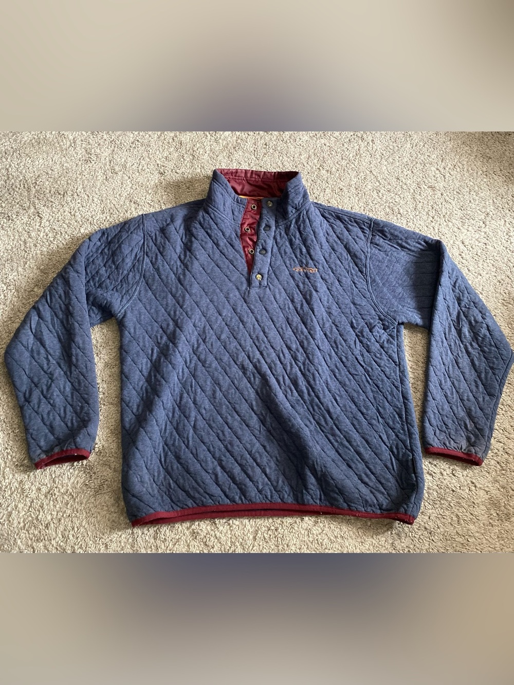 Orvis Quilted Pullover in Navy with Maroon Trim